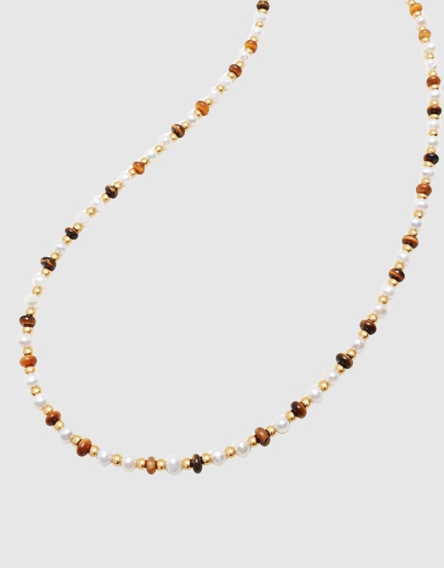 Nialaya Jewellery - Mini Beaded Necklace with Pearls and Tiger Eye