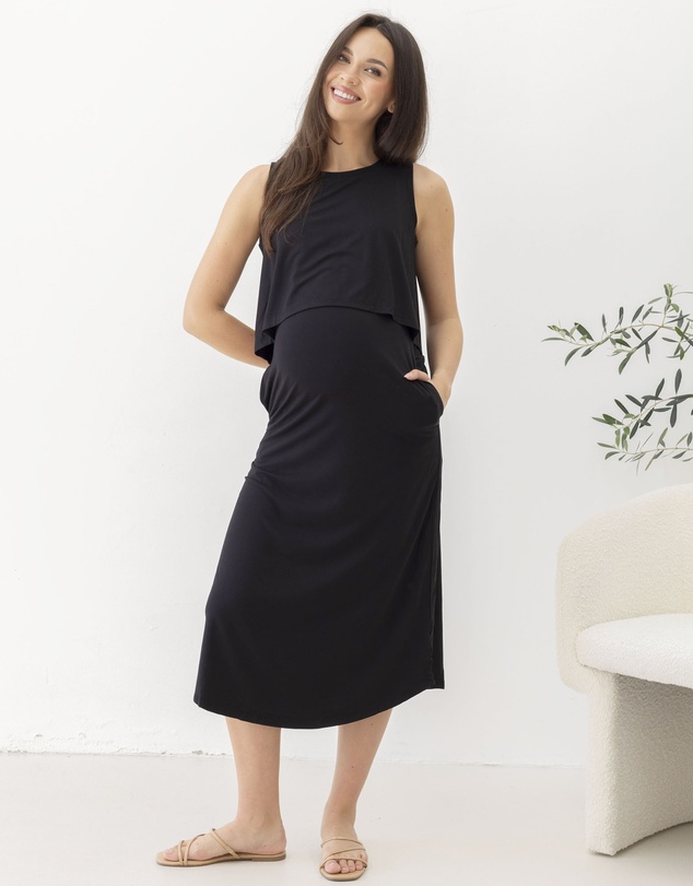 Angel Maternity - Manon Maternity & Breastfeeding Midi Dress in Black