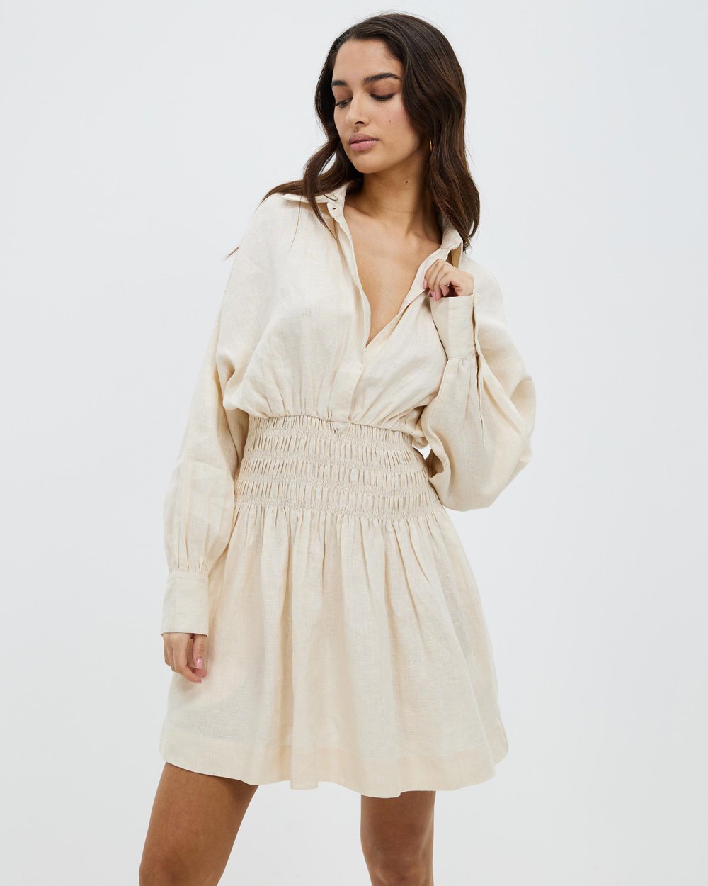 Linen Shirred Waist Mini Shirt Dress by AERE Online | THE ICONIC | Australia