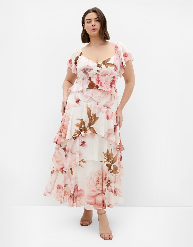 City Chic - Plus size Sienna Petal Print Tier Maxi Dress - cream