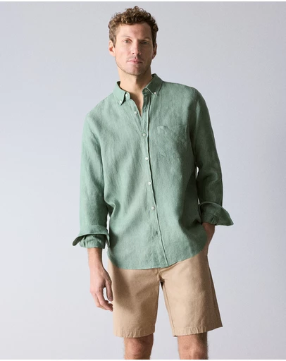 Trenery - Regular Fit Delave Linen Long Sleeve Shirt in Willow