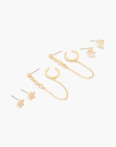 Lovisa - Gold Plated Brass Cubic Zirconia Stud & Chain Earrings 3-Pack