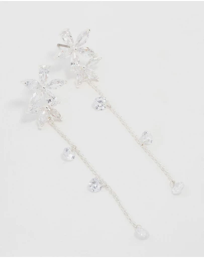 Lovisa - Silver Plated Cubic Zirconia Flower Station Drop Earrings