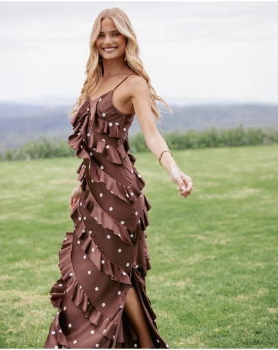 Petal & Pup - Ciao Ruffles Maxi Satin Dress - Brown Polka Dot
