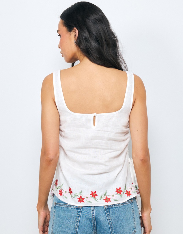 AERE - Odette Floral Embroidered Linen Ruched Top