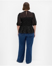 City Chic - Plus size Esther Spot Print Shirred Top - black