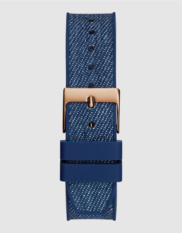 GUESS - ICONIC 40TH Denim 39mm Rose Gold-Tone Case Blue Silicone Strap