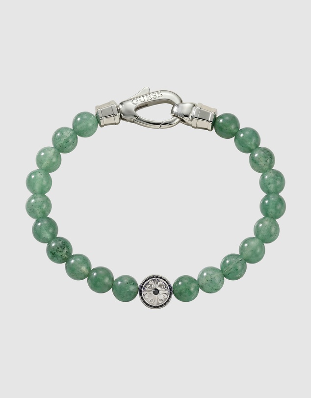GUESS - GUESS Mens 6mm Round Green Tiger Eye Stone Beads Bracelet