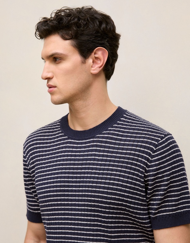 Trenery - Linen Cotton Rib Stripe Knit T-shirt in Navy