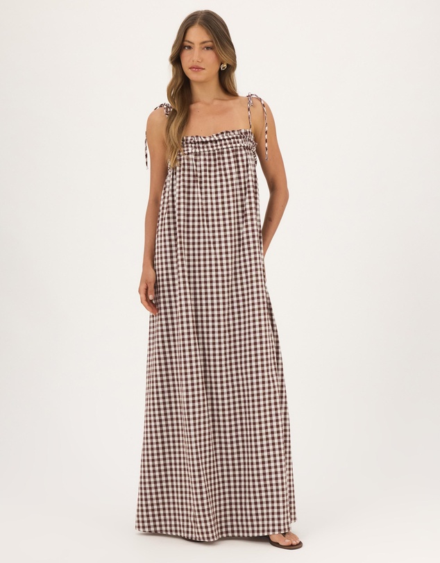 Atmos&Here - Eire Gingham Linen Blend Maxi Dress With Tie Straps And Shirring Detail