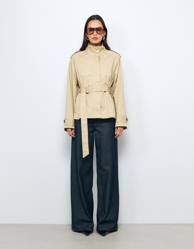 Revibe - Repaired AERE Sadie Funnel Neck Crop Trench Coat - AU 12
