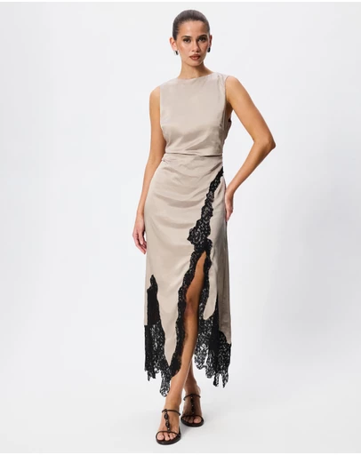 Tussah - Felicity Satin Lace Trim Asymmetric Midi Dress