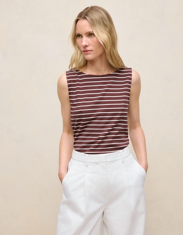 Trenery - Modal Cotton Stripe Boatneck Tank in Espresso