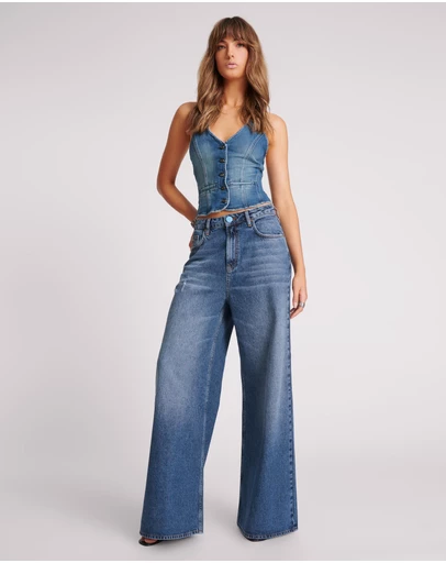ONE TEASPOON - Love Machines Mid Waist Super Wide Leg Denim Jeans - Blue Thunder