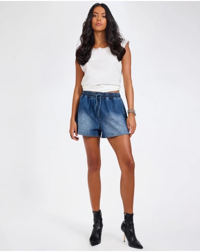 ONE TEASPOON - Boxer Drawstring Waist Denim Shorts - Blue Paisley