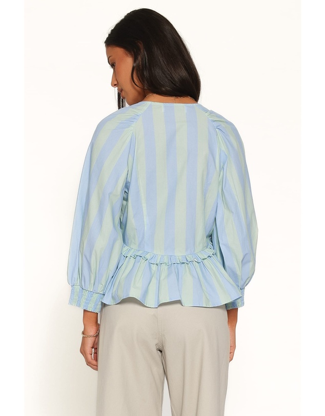 Petal & Pup - Benny Puff Sleeve Top - Green/Blue Stripe