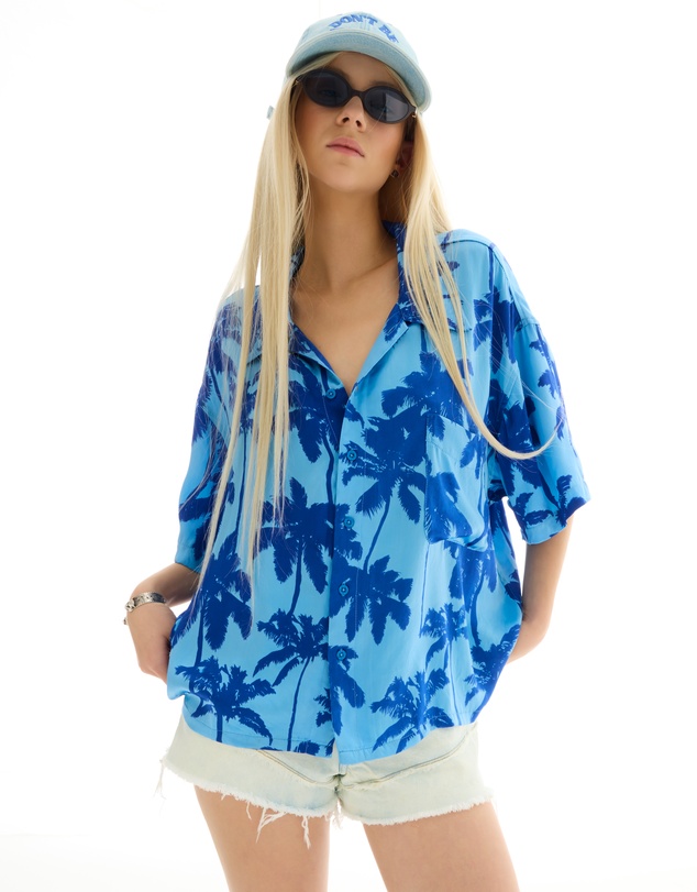THE TALES - Blue Palm Oversized Silk Shirt