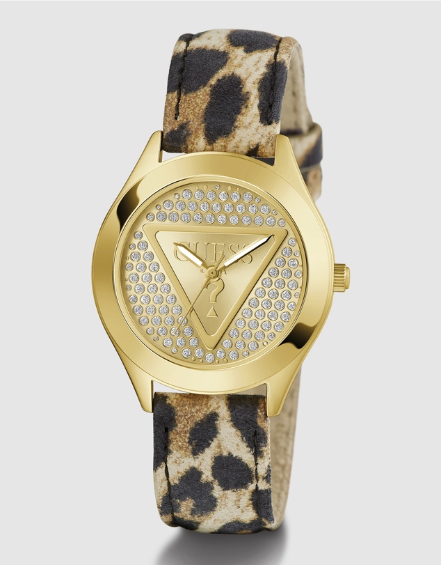 GUESS - Gold-Tone 34mm Champagne Dial with Crystals and Animal Print Leather Strap