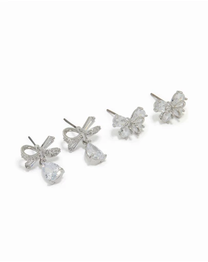 Lovisa - Silver Cubic Zirconia Bow Earrings 2-Pack
