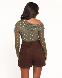 Petal & Pup - Ginevra Off Shoulder Mesh Top - Green Polka Dot