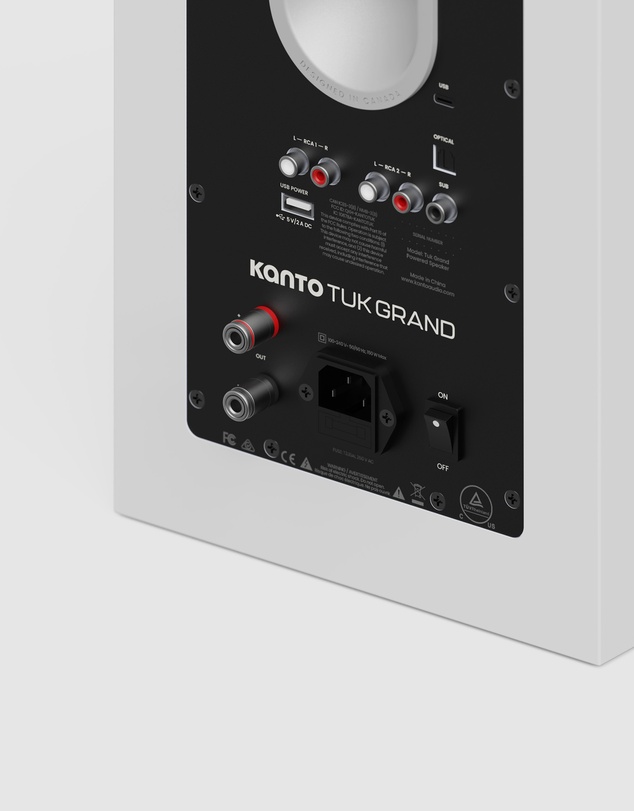 iWorld - Kanto TUK (2nd Gen) Grand 320 W Premium Powered Speaker System with Bluetooth 5.4, Dual RCA and USB-C Inputs, Matte White w/ Aluminum