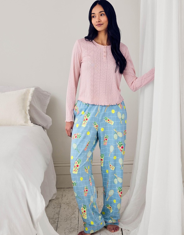 Chelsea Peers - Organic Cotton Tennis Net Cocktail Pointelle Henley Long Pyjama Set