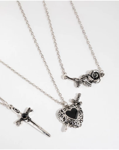Lovisa - Antique Silver Enamel Heart Layered Necklaces