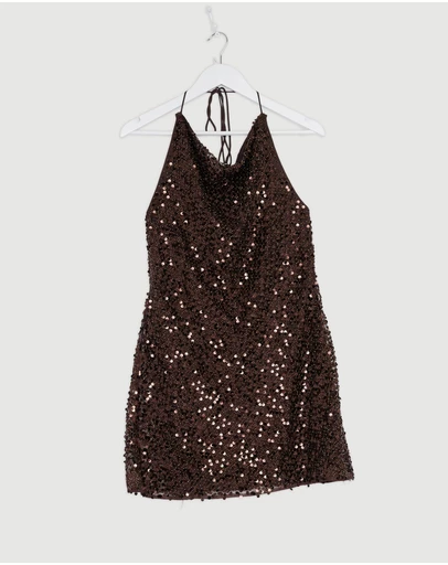 Revibe - Repaired Shona Joy Everly High Neck Cowl Mini Dress - AU 10