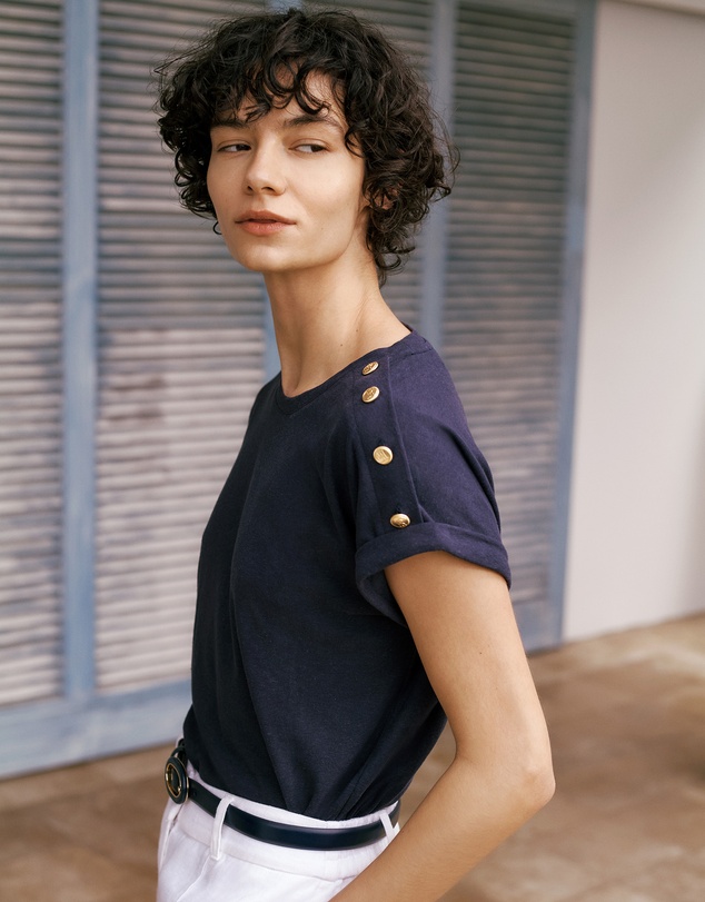 Trenery - Linen Cotton Button Detail T-shirt in Night Sky