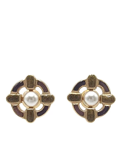 Pre-Loved by Azura Reborn - Pre-Loved Gold Plated Enamel Maltese Cross and Faux Pearl Push Back Earrings