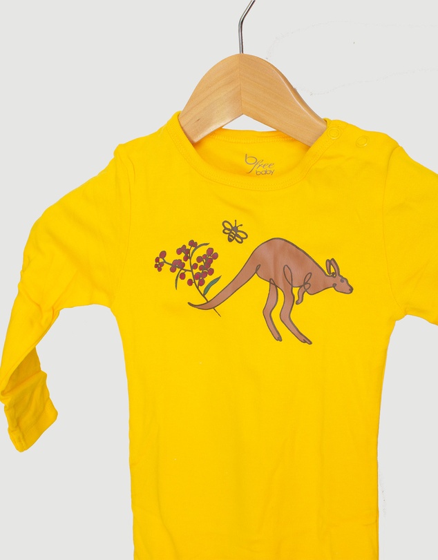 B Free Intimate Apparel - Baby Snap Button Sleepsuit with Booties - 100% Organic Cotton - Yellow Kangaroo