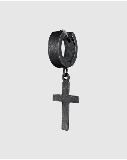 Kuzzoi - ICONIC EXCLUSIVE - Earrings Men Creole Cross Single Piece in 925 Sterling Silver Oxidized