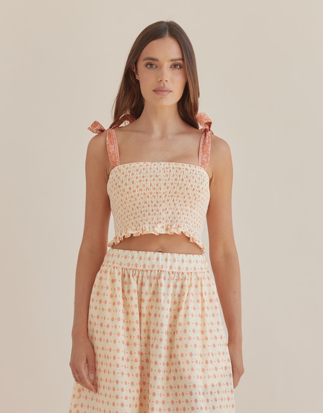 Amelius - Peach Paisley Shirred Crop Top