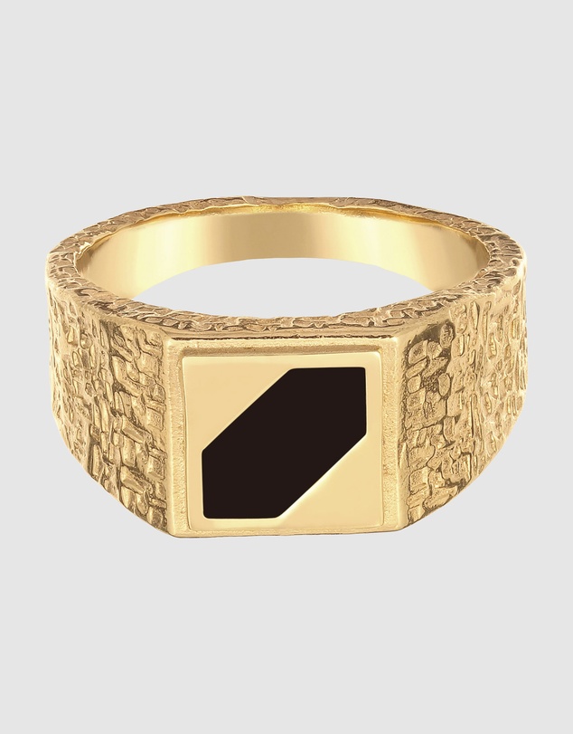 Kuzzoi - ICONIC EXCLUSIVE - Gold-Plated 925 Silver Ring with Hexagonal Black Enamel Inlay