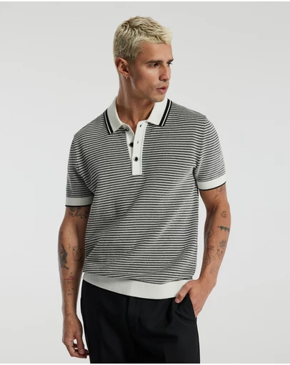 Calibre - Textured Stripe Knit Polo Grey