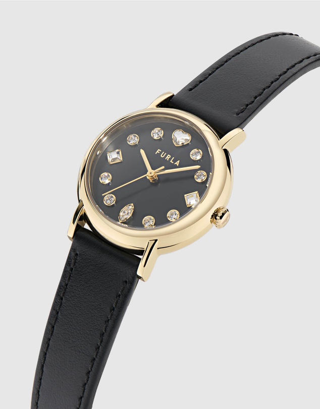 Furla - Easy Shape Yellow Gold-Tone Black Leather Strap Watch