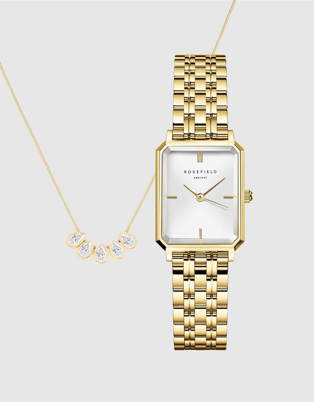 Rosefield - The Octagon XS - Gold Tone Watch and Playful Crystals Necklace Set