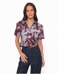 Petal & Pup - Aine Cropped Short Sleeve Shirt - Burgundy Floral