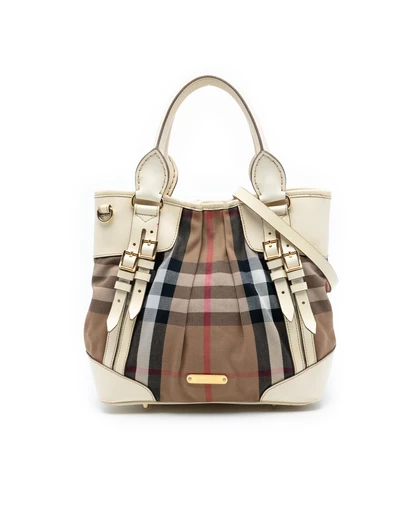 Pre-Loved by Azura Reborn - Pre-Loved House Check Canvas and Leather Bridle Whipstitch Satchel