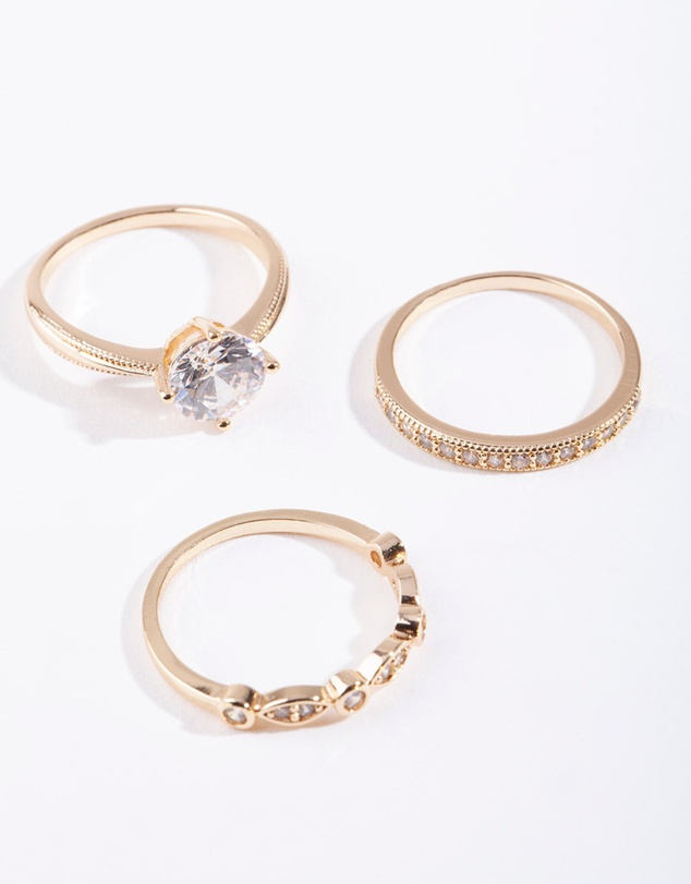 Lovisa - Gold Round Cubic Zirconia Ring Stack