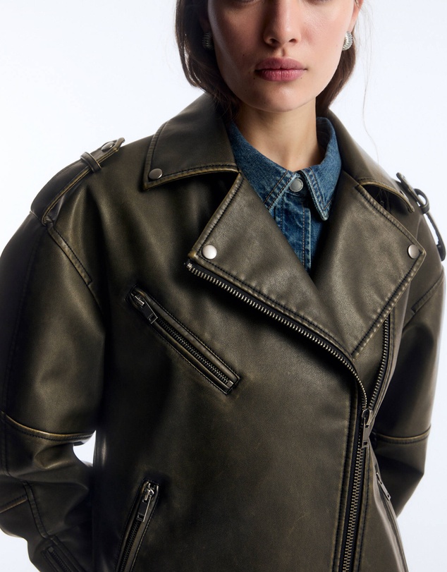 Pull&Bear - Distressed Faux Leather Biker Jacket