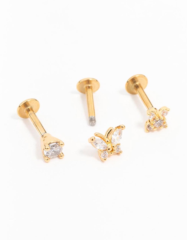 Lovisa - Gold Plated Surgical Steel Butterfly Flower Flat Back Earrings 3-Pack