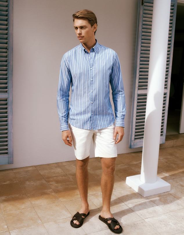 Trenery - Regular Fit Poplin Stripe Long Sleeve Shirt in Dusty Blue