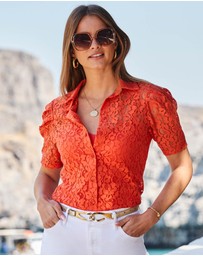 Sosandar - Short Puff Sleeve Lace Shirt