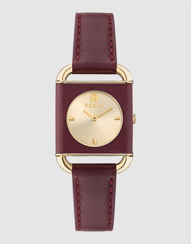 Furla - Arco Square Gold-Tone Dark Red Leather Watch