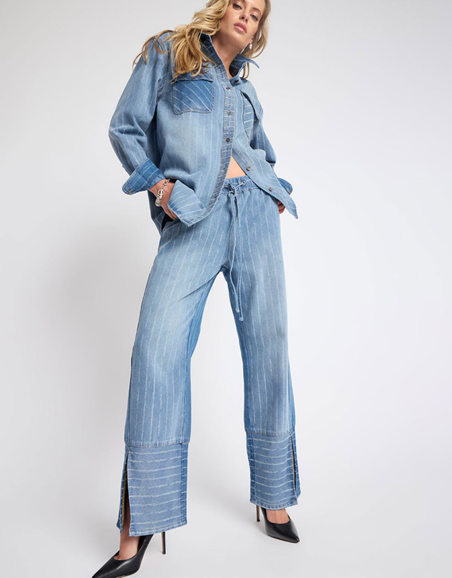ONE TEASPOON - Roadhouse Mid Waist Wide Leg Drawstring Denim Jeans - Blue Stripe