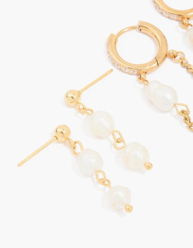 Lovisa - Waterproof Gold Plated Stainless Steel Pearl Drop & Chain Earrings 2-Pack