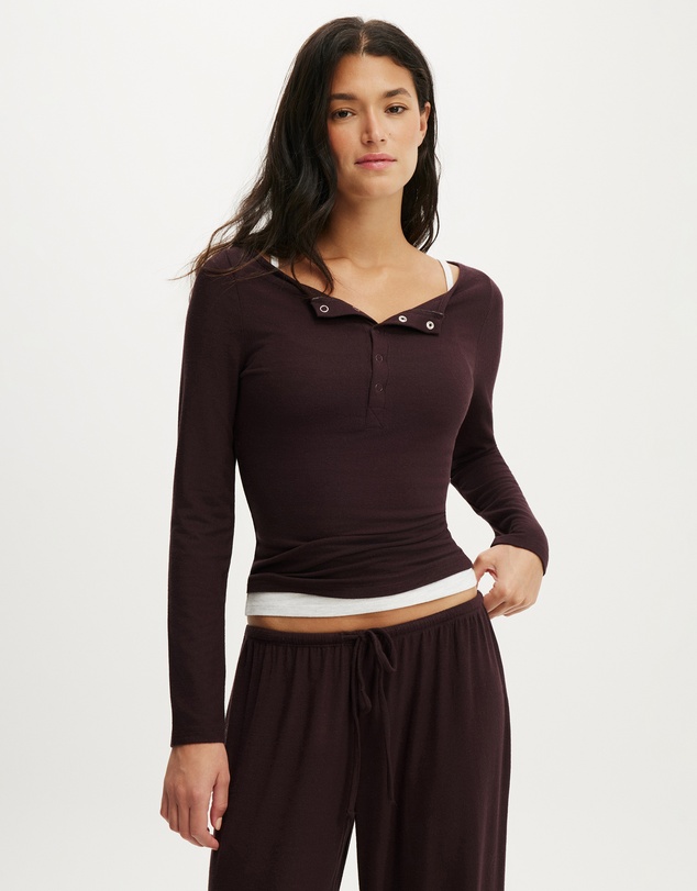 Cotton On Body - Super Soft Boat Neck Henley Long Sleeve Top