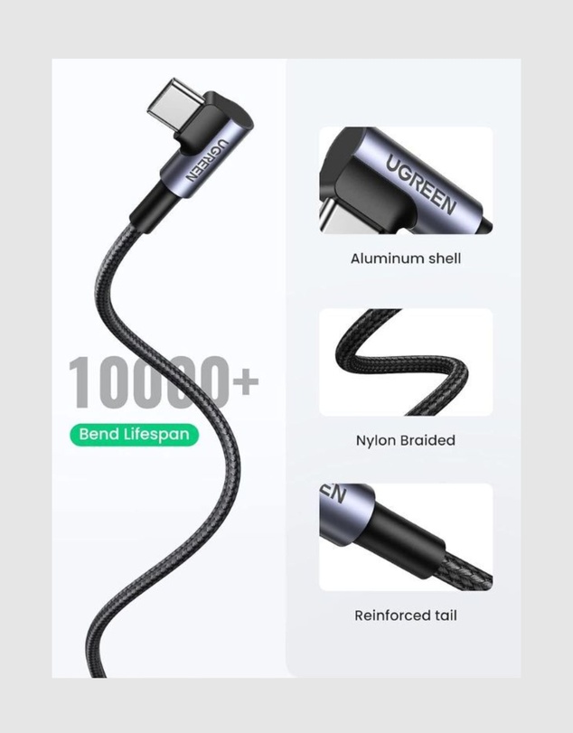 Ugreen - UGREEN 90 Degree Angle USB-C Male to USB-A Male Braided Cable 1m