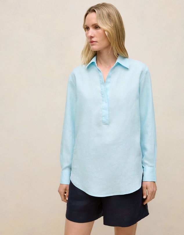 Trenery - Linen Relaxed Half Placket Shirt in Pastel Blue